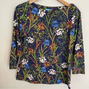 J McLaughlin Top Womens S Catalina Cloth 3/4 Sleeve Boat Neck Floral Print Iris